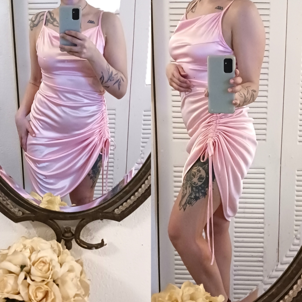 Sexy Pink Sultry Midi Dress With Ruched Side Size M